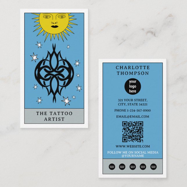 Celestial Tarot Sun Tattoo Artist Piercer Logo Visitenkarte (Vorne/Hinten)