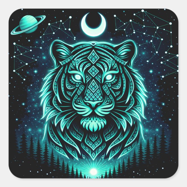 Celestial Tiger – Cosmic Striker Wildlife Galaxy Quadratischer Aufkleber (Vorderseite)