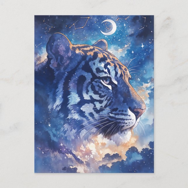 Celestial Tiger Portrait in Midnight Clouds Postkarte (Vorderseite)
