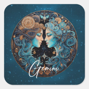 Celestial Twins Zodiac Symbol Black Gold Gemini Quadratischer Aufkleber