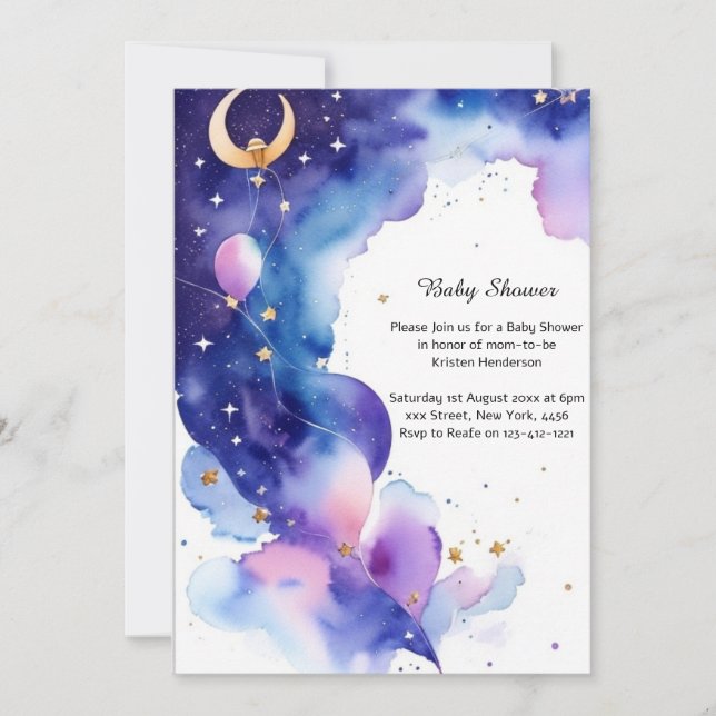 Celestial Watercolor Babydusche Einladung (Vorderseite)