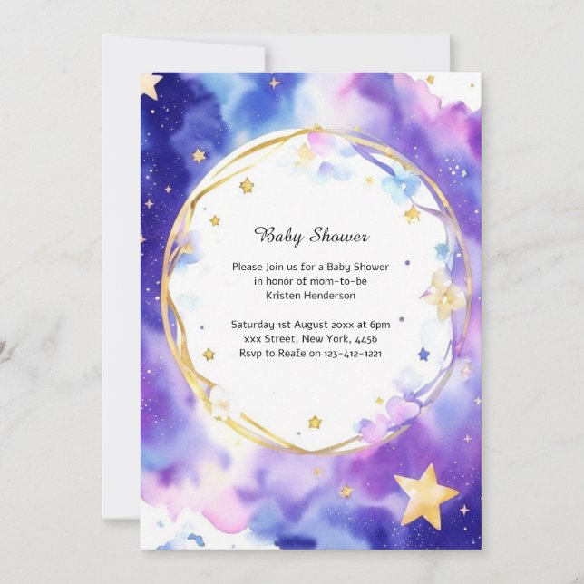 Celestial Watercolor Babydusche Einladung (Vorderseite)