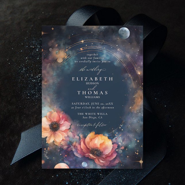 Celestial Waters Moon Stars Elegante Hochzeit Einladung (celestial wedding invitation moody dark midnight sky watercolor floral elegant modern classic)