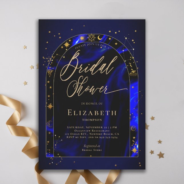 Celestial Waters Starry Zodiac Arch Brautparty Einladung (celestial bridal shower invitation zodiac signs astrology oracle universe mystical waters royal blue)
