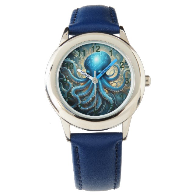 Celestial Waves: Blue Octopus Fractal Art,  Armbanduhr (Vorderseite)