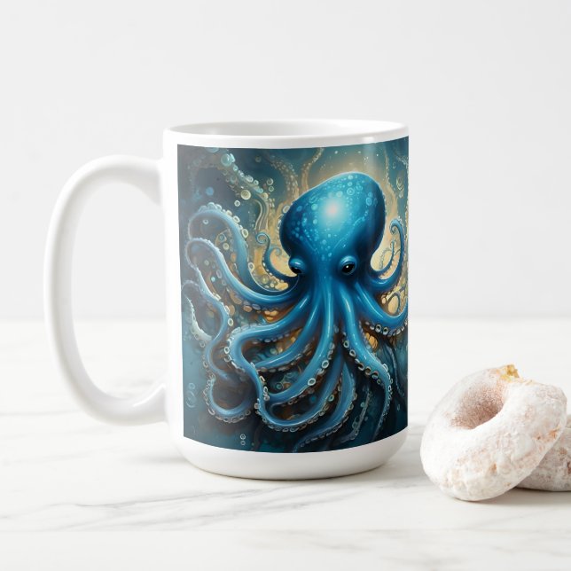 Celestial Waves: The Blue Octopus Fractal Art Kaffeetasse (Mit Donut)