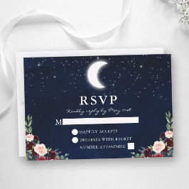 Celestial Wedding Blue Sky Moon Stars Floral RSVP Karte
