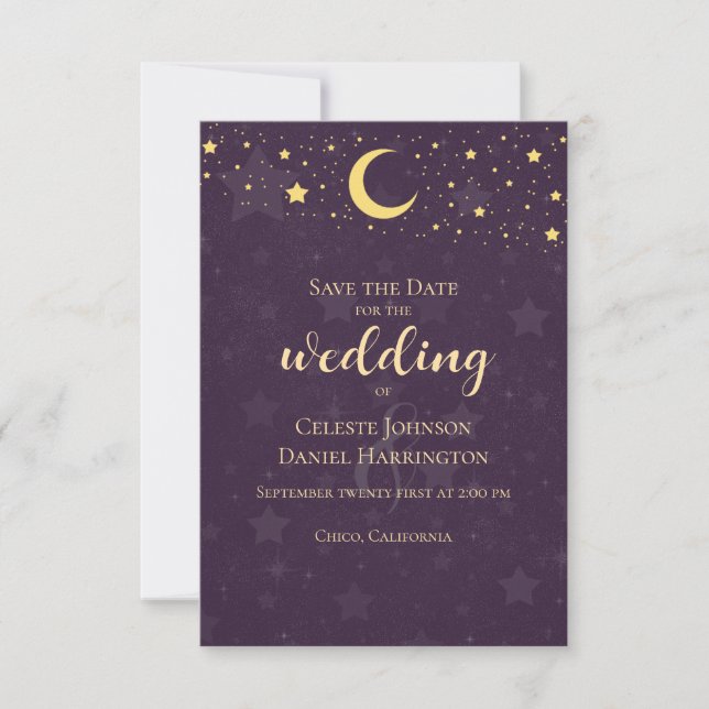 Celestial Wedding Deep Lila Stars Moon Save The Date (Vorderseite)