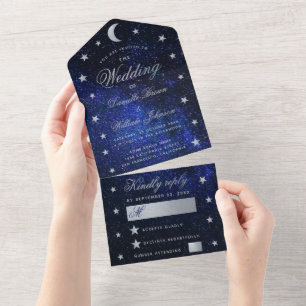 Celestial Wedding Elegante Blue Silver Stars Moon All In One Einladung