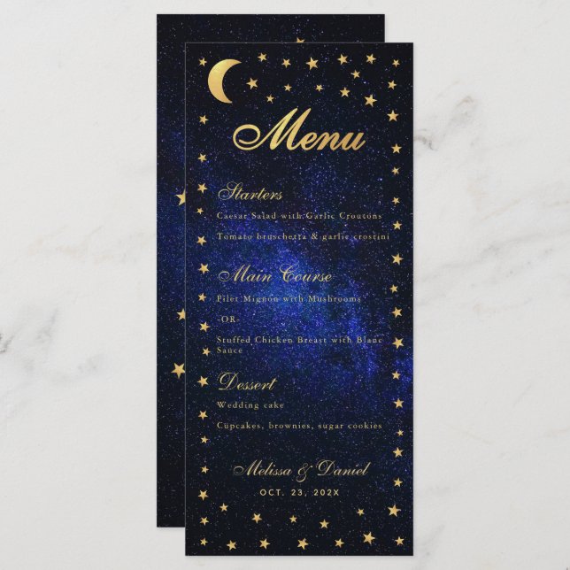 Celestial Wedding Menu - Elegante Blue Gold Stars Menükarte (Vorne/Hinten)
