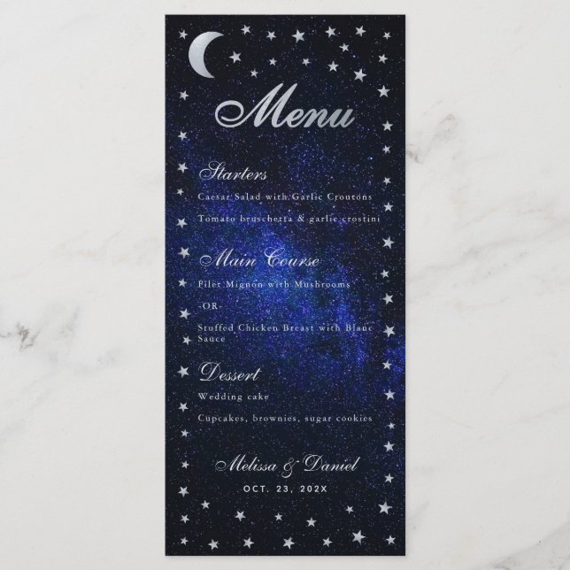 Celestial Wedding Menu Moon and Stars Calligraphy Menükarte (Vorderseite)