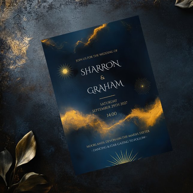 Celestial Wedding - Midnight Blue Starry Night Einladung (Celebrate your love story with a wedding invitation that captures the magic of the universe. )