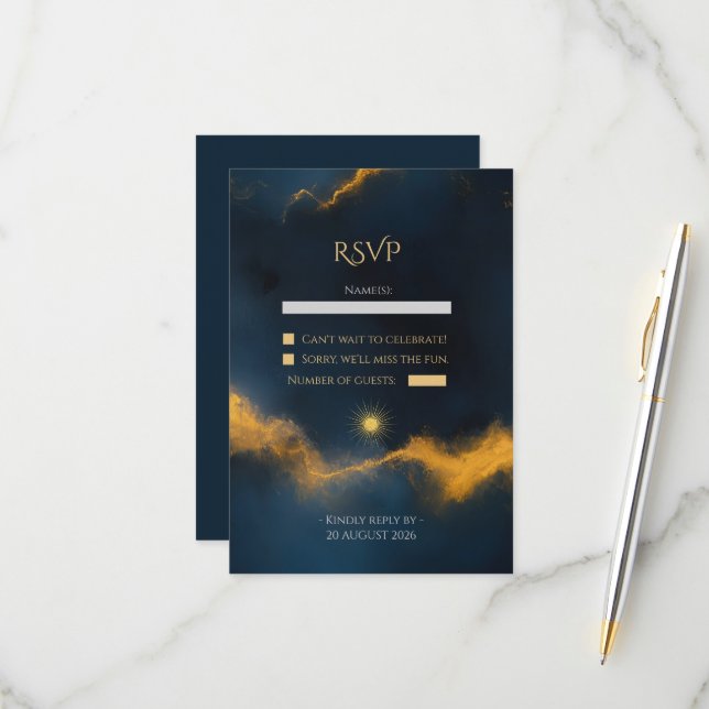 Celestial Wedding - Midnight Blue Starry Night RSVP Karte (Vorderseite/Rückseite Beispiel)