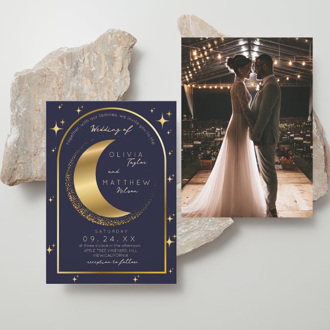Celestial Wedding Mitternacht Stars Moon Gold Einladung (Von Creator hochgeladen)