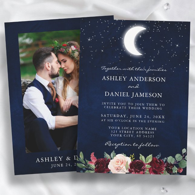 Celestial Wedding Moon Stars Foto Einladung (Customize to change text size or text style.)