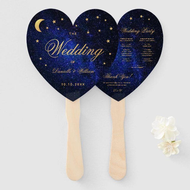 Celestial Wedding Program Gold Stars Moon Elegante Fächer (Vorne und Hinten)