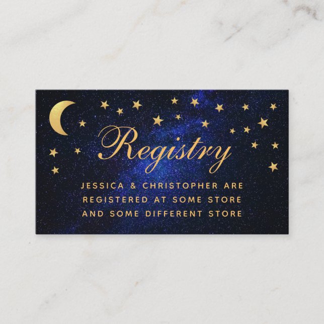 Celestial Wedding Registry Gold Stars Moon Script Begleitkarte (Vorderseite)