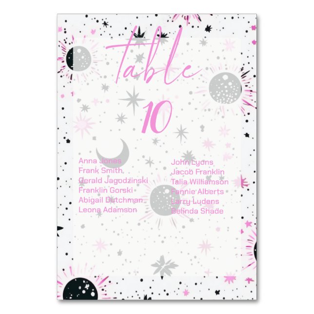 Celestial Wedding Tischnummern mit Gästebamen (Vorderseite)