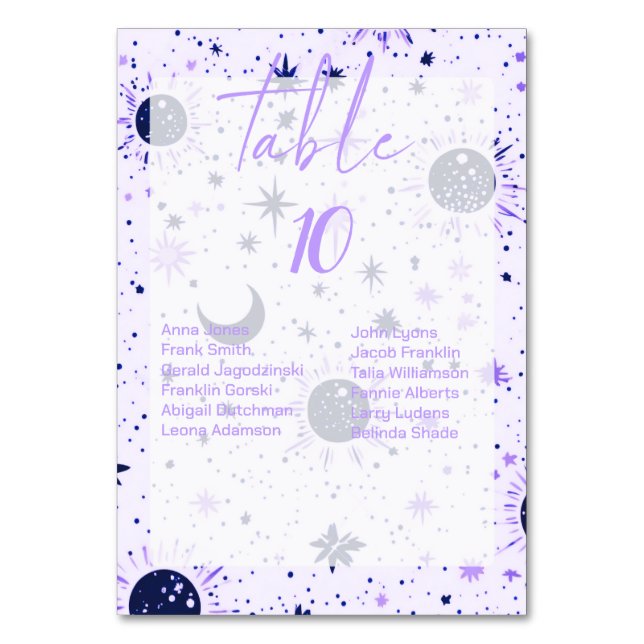 Celestial Wedding Tischnummern mit Gästebamen (Vorderseite)