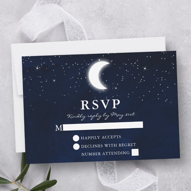 Celestial Wedding Watercolor Blue Sky Moon Stars RSVP Karte (Customize to change text size or text style.)