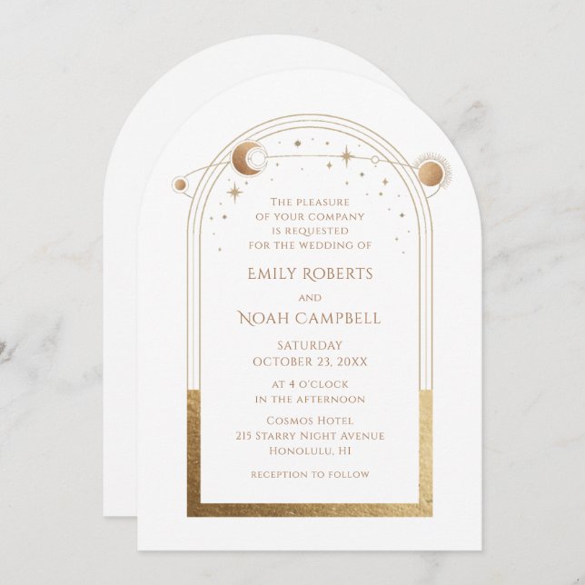 Celestial White Gold Sun Moon Stars Einladung (Vorne/Hinten)