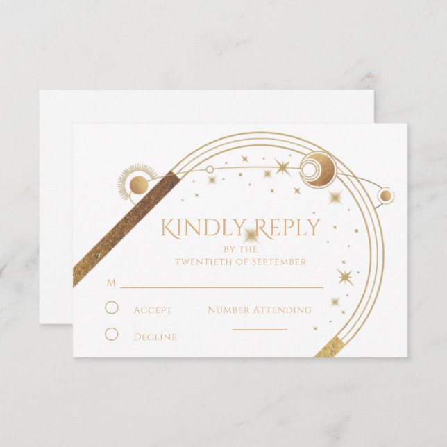 Celestial White Gold Sun Moon Stars Hochzeit RSVP Karte (Vorne/Hinten)