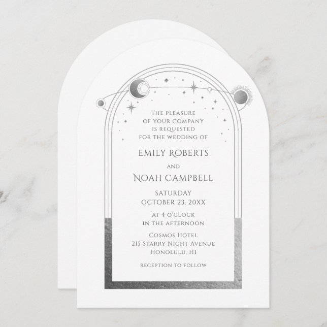 Celestial White Silver Sun Moon Stars Einladung (Vorne/Hinten)