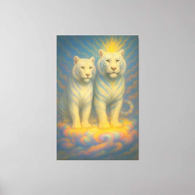 Celestial White Tiger Couple – Warm Golden Aura Fi Leinwanddruck (Vorderseite)