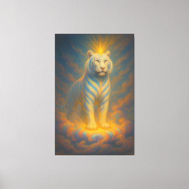 Celestial White Tiger – Golden Halo Divine Fantasy Leinwanddruck (Vorderseite)