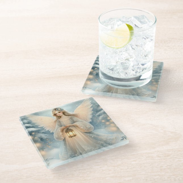 Celestial Winter Angel Lantern of Grace Glasuntersetzer (Schrägansicht)