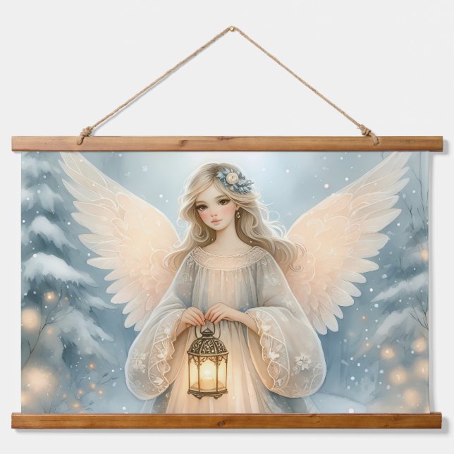 Celestial Winter Angel Lantern of Grace Wandteppich Mit Holzrahmen (Vorne)