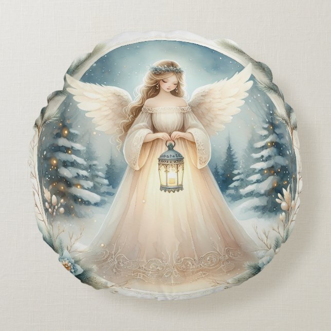 Celestial Winter Angel Lantern of Hope Rundes Kissen (Vorderseite)