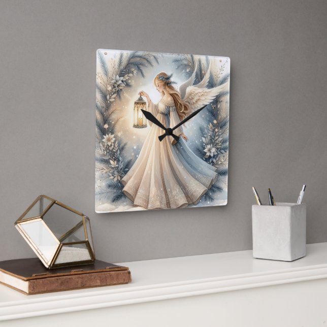 Celestial Winter Angel Lantern of Peace Quadratische Wanduhr (Büro)