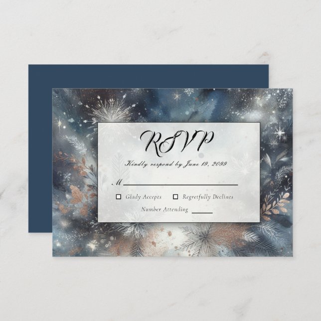 Celestial Winter Midnight Sparkle Wedding RSVP Karte (Vorne/Hinten)