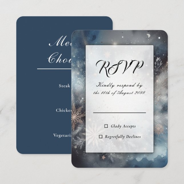 Celestial Winter Midnight Sparkle Wedding RSVP Karte (Vorne/Hinten)