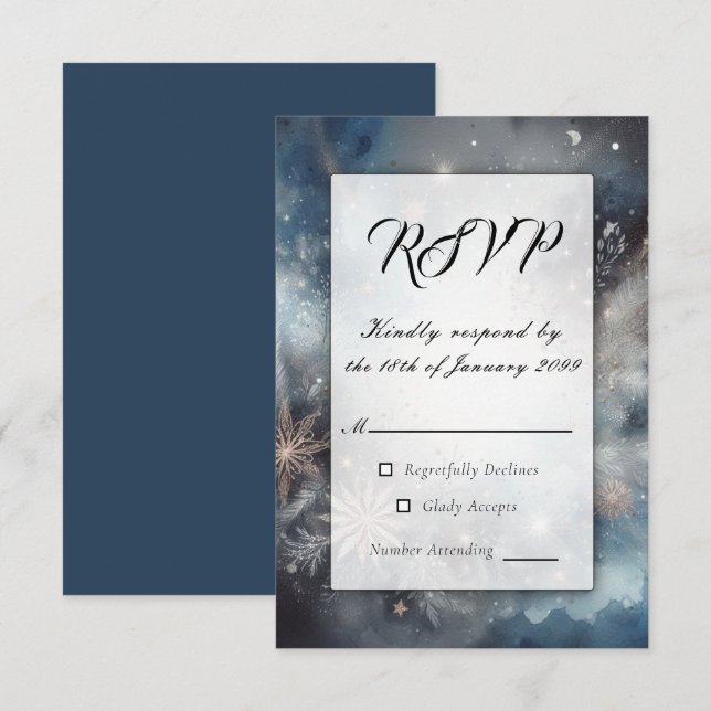 Celestial Winter Midnight Sparkle Wedding RSVP Karte (Vorne/Hinten)