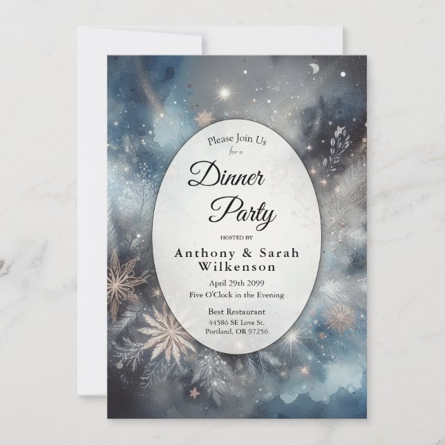 Celestial Winter Mitternacht Sparkle Dinner Party Einladung (Vorderseite)