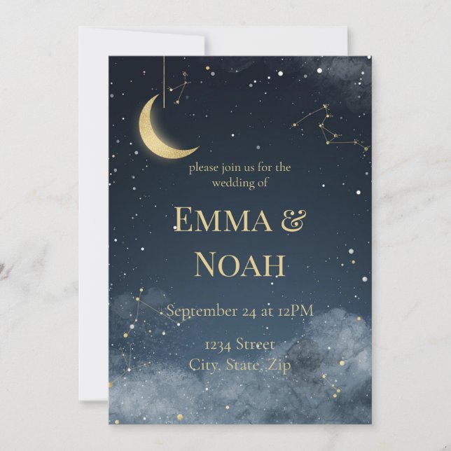 Celestial Winter Wedding Invitation | Navy & Gold Einladung (Vorderseite)