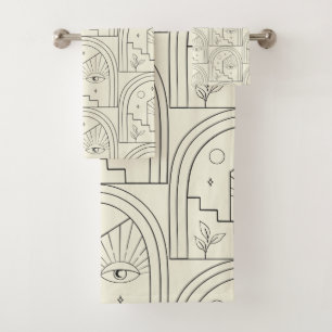 Celestial Witchy Eye Landscape Arch Line in Schwar Badhandtuch Set