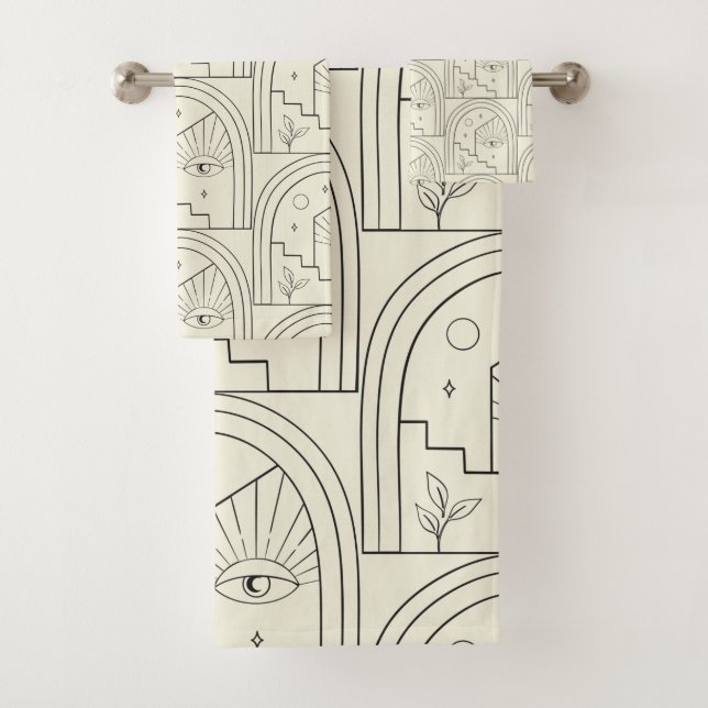 Celestial Witchy Eye Landscape Arch Line in Schwar Badhandtuch Set (Insitu)