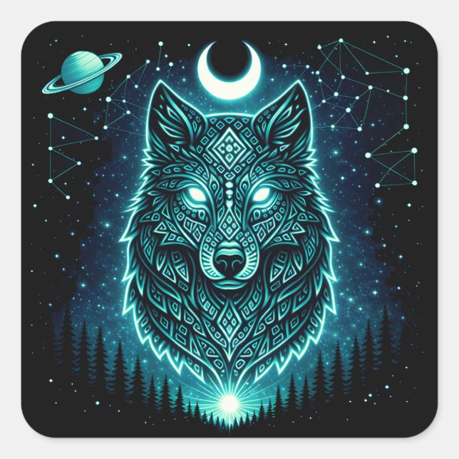Celestial Wolf – Cosmic Howl Wildlife Galaxy Quadratischer Aufkleber (Vorderseite)
