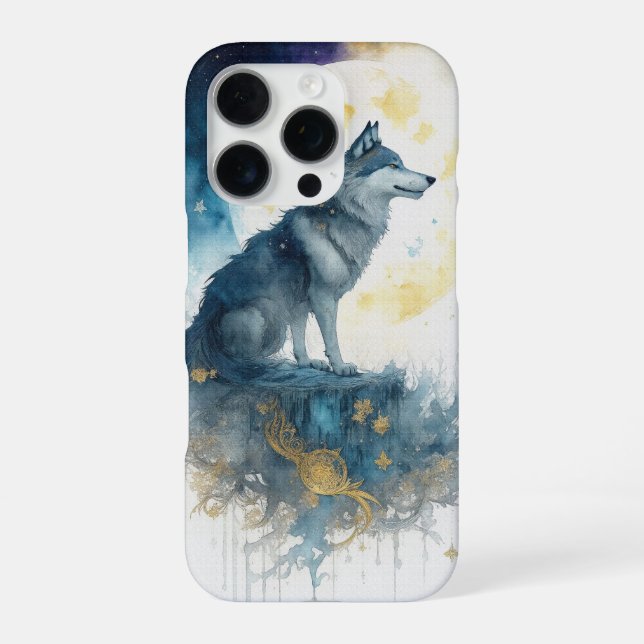 Celestial Wolf Night Sky Gold Filigree iPhone 16 P Hülle (Rückseite)