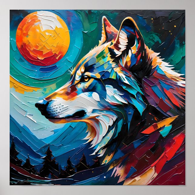 Celestial Wolf Under Painted Moon – Abstract  Poster (Vorne)