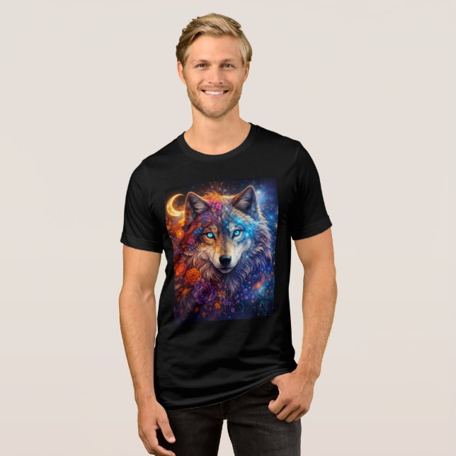 Celestial Wolf with Flowers and Crescent Moon Tri-Blend Shirt (Vorderseite voll)
