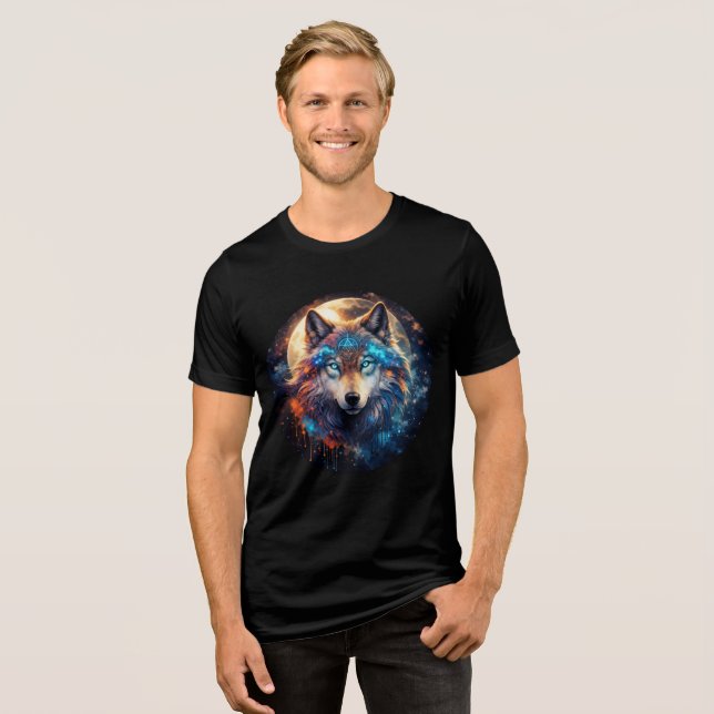 Celestial Wolf with Sacred Geometry Tri-Blend Shirt (Vorderseite voll)
