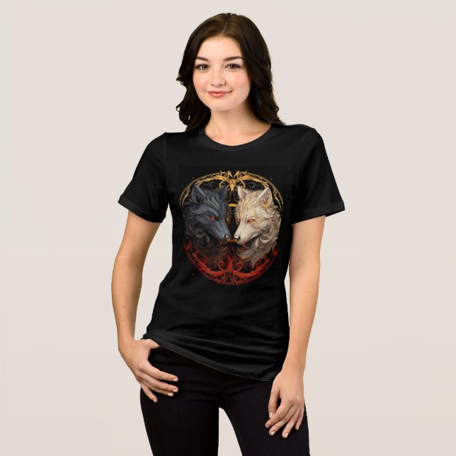 Celestial Wolves – Gold & Fire Spirit Design Tri-Blend Shirt (Vorderseite voll)