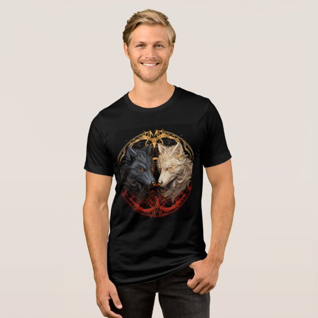 Celestial Wolves – Gold & Fire Spirit Design Tri-Blend Shirt (Vorderseite voll)