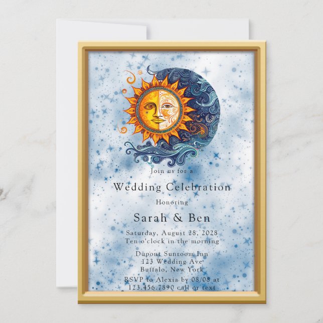Celestial Yellow Blue Sun Moon Wedding Einladung (Vorderseite)
