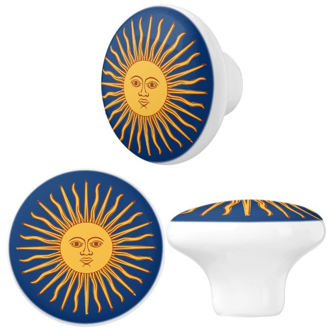 Celestial Yellow Sunshine Face on Blue Elegant Keramikknauf (Celestial sunburst ceramic furniture, cupboard or drawer pull knobs will add style and warmth!)