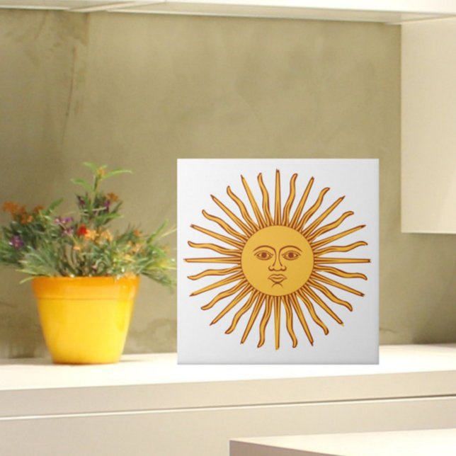 Celestial Yellow Sunshine Face on White Stylish Fliese (Add the charm and warmth of the sun to your tiled space!)